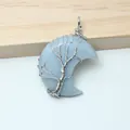 Light blue crystal crescent moon pendant with silver wire wrapped tree of life design - Blue Aventurine