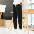 Men's black cotton linen casual jogger pants with elastic cuffed hem for summer - M / Black