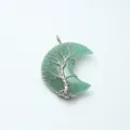 Handmade green natural crystal crescent moon pendant with silver Tree of Life wire wrapping - Green Aventurine
