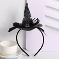 Classic black Halloween witch hat headband featuring a spider web pattern and bow - Black and White Spider Web Style
