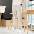 Breathable men's cotton linen casual joggers in beige with comfortable drawstring waist - M / Khaki