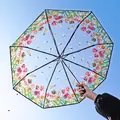 Fresh transparent automatic folding umbrella featuring red tulip and dragonfly floral patterns - Automatic / Tulip Pattern