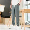 Pantalon de jogging confortable en coton et lin bleu gris pour hommes avec cordon. - Vert