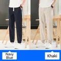 Pantalon de jogging pour homme en coton et lin marine et kaki avec cordon de serrage - Bleu Marine et Kaki