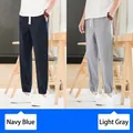 Pantalon de jogging respirant en coton et lin pour hommes en bleu marine et gris - Bleu Marine et Gris Clair