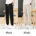 K800 Pantalon de jogging décontracté en lin pour homme en noir et kaki avec cordon - Noir et Kaki