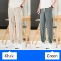 Pantalon de jogging décontracté en lin et coton pour homme en coloris kaki et vert - Kaki et Vert