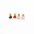 Detail view of four small stainless steel heart stud earrings in multi-color enamel. - Heart Style / Red