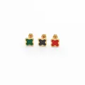 Detailed view of three stainless steel enamel clover stud earrings in green, black, and red. - Four-Leaf Style / Red