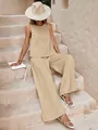 Casual beige summer two-piece set with sleeveless top and wide-leg trousers - 2XL / Top And Bottom / Off White