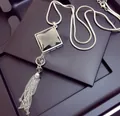 Elegant long sweater necklace with black diamond crystal pendant and silver tassel detail - Square Tassel Necklace (017)