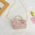 Minibolso de tweed rosa para niña con lazo, flores y asa de perlas. - Pequeño / Rosa