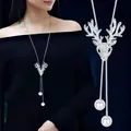 Close-up detail of silver elk pendant long necklace with elegant pearl drops - Little Deer Necklace (134)