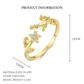 Detalle de anillo floral ajustable de plata de ley S925 con baño de oro - Abierto Ajustable / Oro (Rhinestone amarillo oscuro)