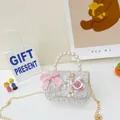 Elegante borsa a tracolla in tweed per bambina con manico di perle e fiocco rosa - Piccolo / Bianco