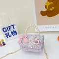 Sac à main élégant en tweed lavande pour filles avec nœud rose et poignée en perles variante - Petit / Violet