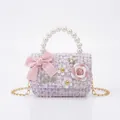 Elegante borsa a mano in tweed lavanda per bambine con fiocco rosa e manico di perle variante - Piccolo / Viola