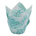 White tulip cupcake liners with teal swirl patterns, greaseproof baking cups - Pack of 50 / White with Green Cloud Pattern