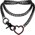 Punk black Cuban link Y-necklace featuring a red heart ring and large lobster clasp - Standard / Black (10mm 85cm)