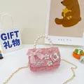 Élégant sac à main rose en tweed pour filles avec poignée en perles et nœud décoré - Petit / Rouge
