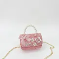 Élégant sac à main rose en tweed pour filles avec poignée en perles et nœud décoré - Petit / Rouge