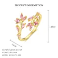 Adjustable gold plated S925 sterling silver ring with elegant pink zirconia flowers - Gold (Pink Rhinestone)