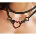 Trendy punk style black Cuban sliding chain necklace with red heart-shaped ring pendant - Standard / Black Double Layer Red Heart Style