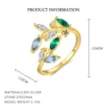 Gold-plated S925 silver adjustable open leaf ring with colorful marquise-cut stones - Gold (Colorful Rhinestone Floral)