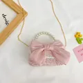 Sac à main élégant en tweed rose pour fille avec un grand nœud et une poignée en perle - Grand / Rose