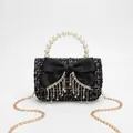 Sac à main élégant en tweed pour fille avec nœud noir et glands en strass noir violet - Grand / Noir