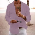 Mauve cotton linen long-sleeved shirt for men with loose fit and casual lapel design - 3XL / Purple