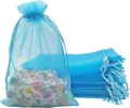 Bolsas de regalo de organza azul translúcido con cordón para joyas y caramelos de boda - Azul Lago; 5*7cm