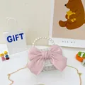 Sac à main en tweed pour fille avec grand nœud rose, poignée perles et chaîne dorée - Grand / Blanc