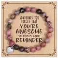 Pink zebra stone bead bracelet with heart charm and 'Awesome' reminder card - Rhodonite Heart