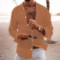 Men's loose cotton linen long-sleeved shirt in burnt orange for beach vacations - 3XL / Orange