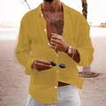 Men's loose fit mustard yellow cotton linen long sleeve casual button down shirt - 3XL / Yellow