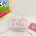 Mini-sac élégant en tweed rose pour filles avec poignée en perles et fleurs - Style 612 / Fleur Blanche