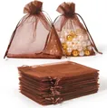 Brown organza drawstring bags for jewelry packaging and gift favors, pack of mesh pouches - Coffee; 5*7cm