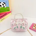 Sac à main élégant brodé rose pour fille avec poignée en perles et chaîne dorée - Style 612 / Motif Floral Rose