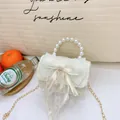 Sac à main blanc en tweed pour filles avec poignée en perles et nœud en tulle - Style 632 / Blanc Cassé