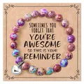 Elegant multicolor stone bead bracelet with silver heart charm on reminder gift card - Purple Imperial Stone Heart Always
