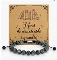Handmade grey patterned natural stone beaded bracelet with French thank you gift card - Black Flash Braided Meaci