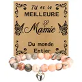 Pink zebra stone beaded bracelet with polished heart charm and French Mamie gift card - Pink Zebra Mamie