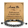 Gray marble stone beaded bracelet for son with French gift card message - Black Flash Braided À mon Fils