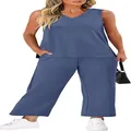 Women's 2-piece summer travel lounge set with V-neck tank top and wide-leg pants - S / Blue Grey
