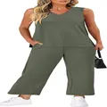 Full body shot of a woman in a green V-neck tank top and matching wide-leg pants set - Army Green
