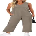 Full length detail of women's sleeveless V-neck tank and matching wide-leg cropped trousers. - S / Khaki