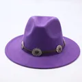 Detailed macro view of a purple wool felt fedora hat with silver floral metal accents - M (56-58cm) / Purple