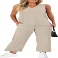Beige women's summer 2-piece set with V-neck tank top and wide-leg pants detail. - S / Apricot