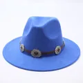 Close-up of a royal blue felt fedora hat featuring a vintage medallion leather band. - M (56-58cm) / Sapphire Blue